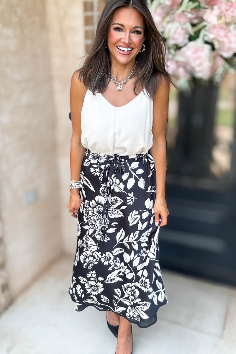 Black Floral Printed Satin Midi Skirt