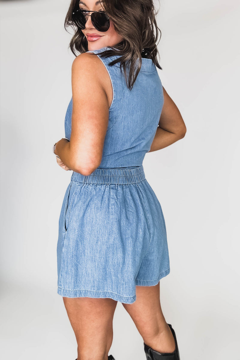 Denim Sleeveless Crop Top And Short Set