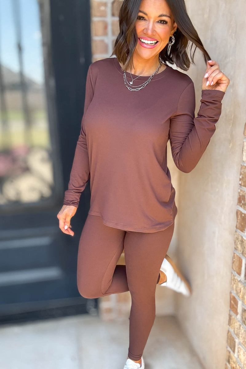 Microfiber Brown Round Neck Top & Leggings Set