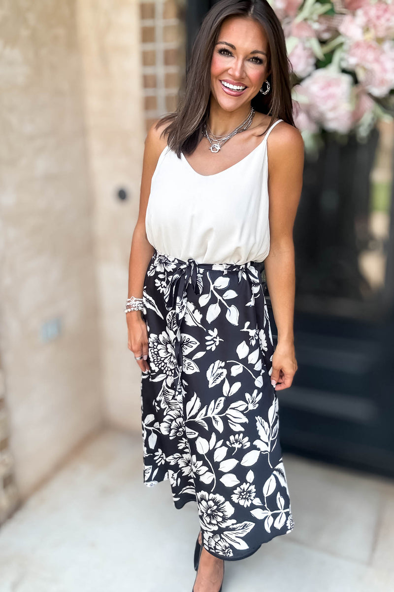 Black Floral Printed Satin Midi Skirt