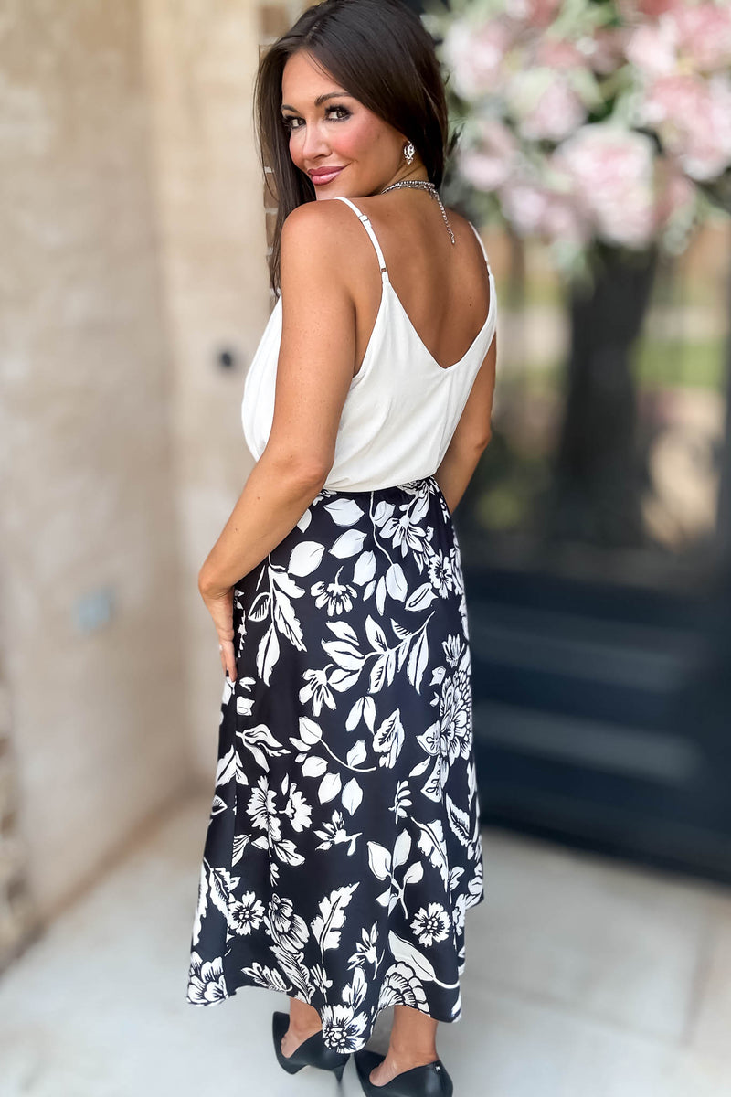 Black Floral Printed Satin Midi Skirt