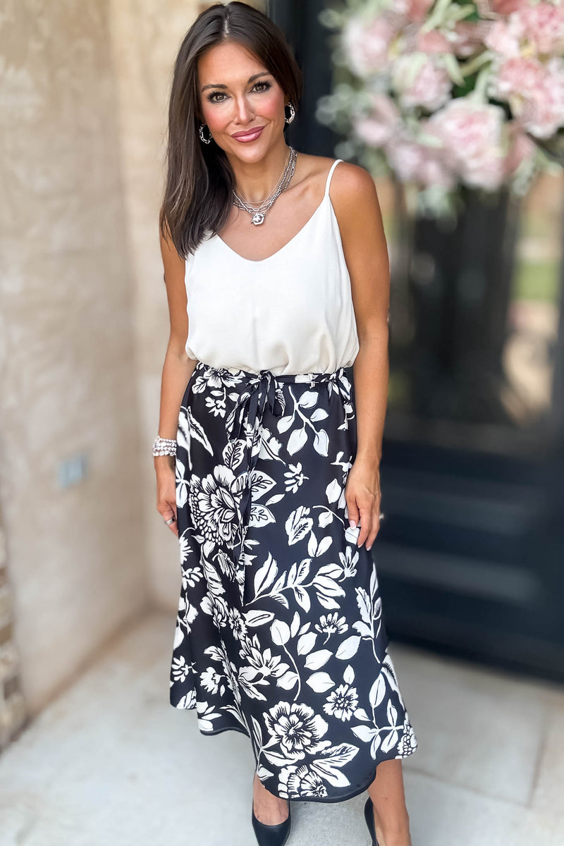 Black Floral Printed Satin Midi Skirt