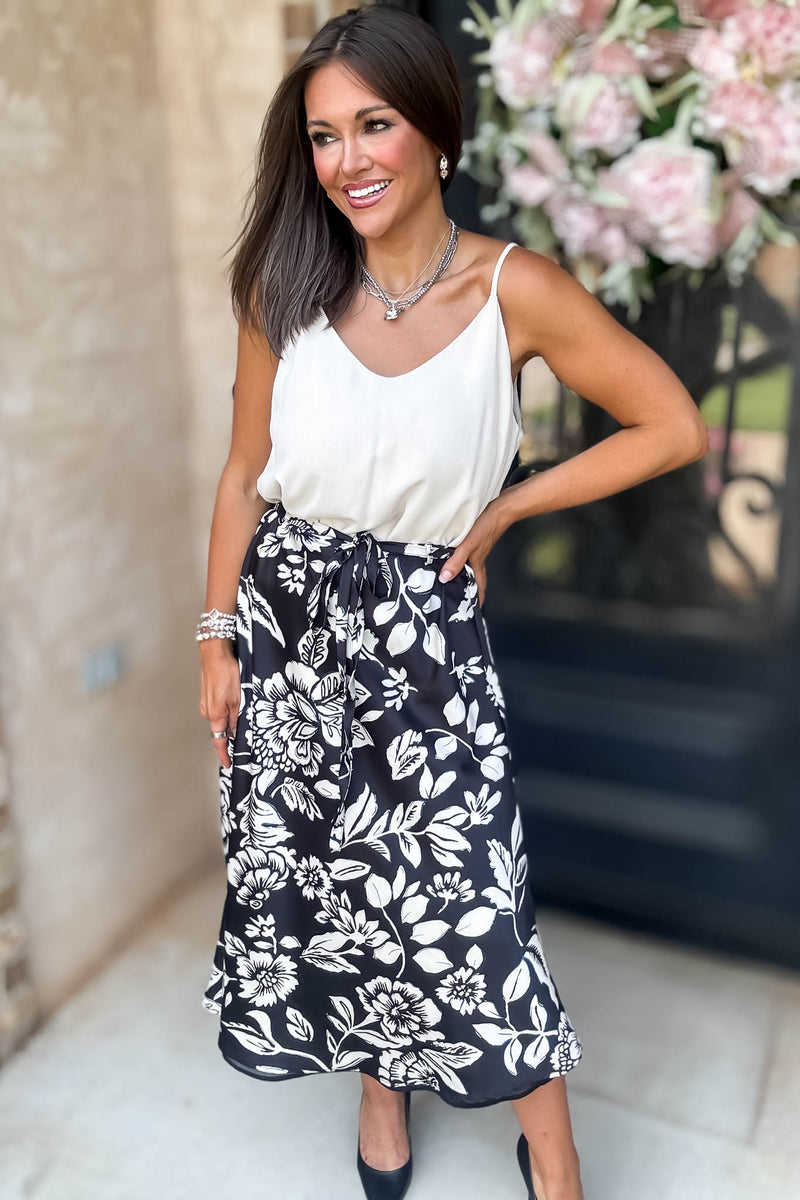 Black Floral Printed Satin Midi Skirt
