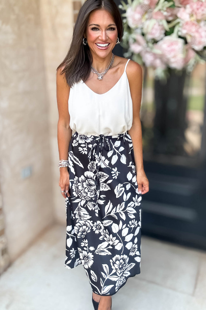 Black Floral Printed Satin Midi Skirt