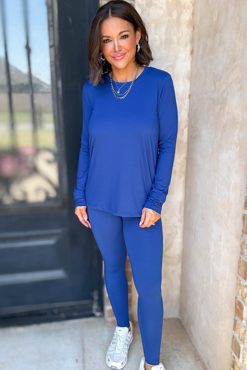 Microfiber Light Navy Round Neck Top & Leggings Set