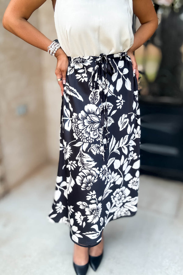 Black Floral Printed Satin Midi Skirt