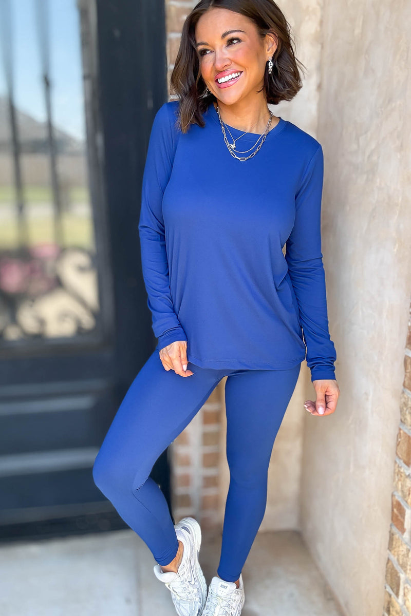 Microfiber Light Navy Round Neck Top & Leggings Set