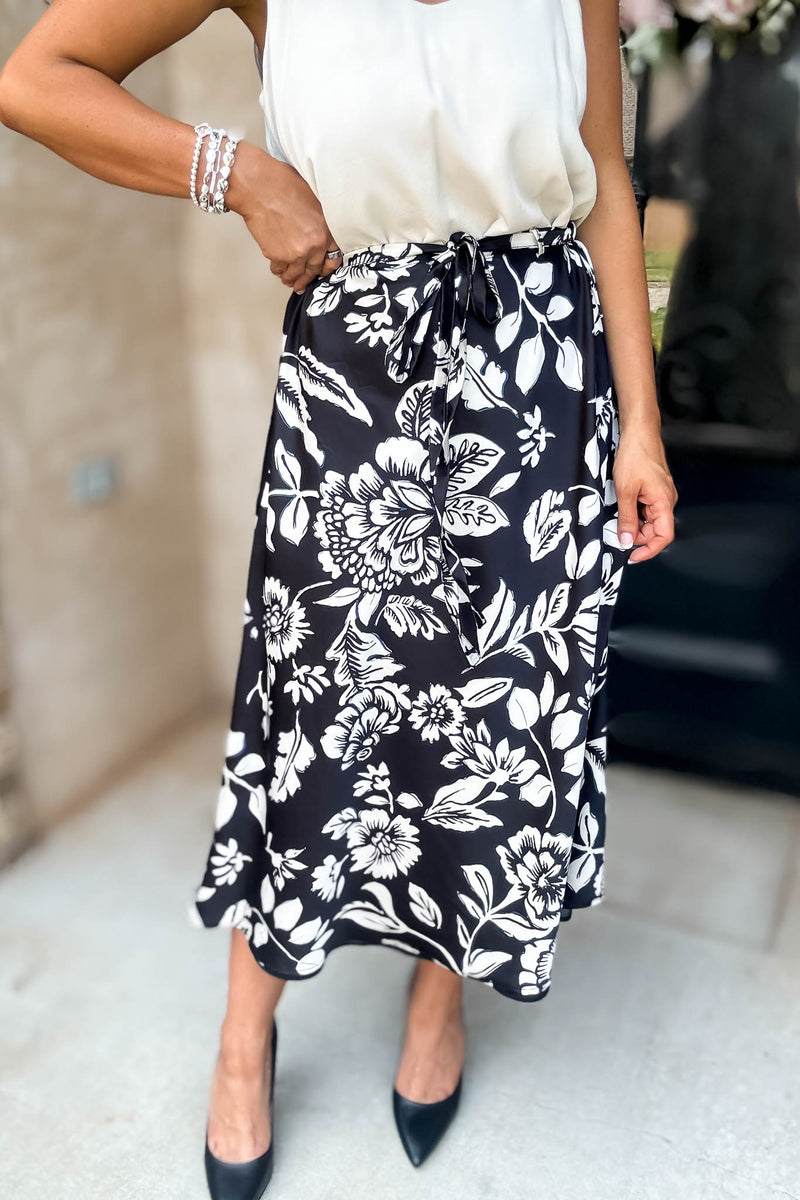Black Floral Printed Satin Midi Skirt