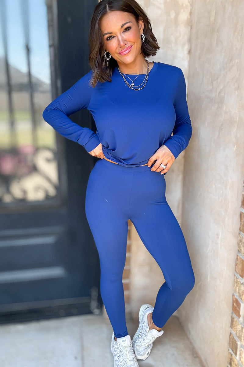 Microfiber Light Navy Round Neck Top & Leggings Set
