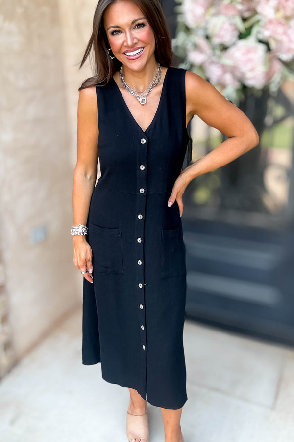Black Linen Button Down Midi Dress