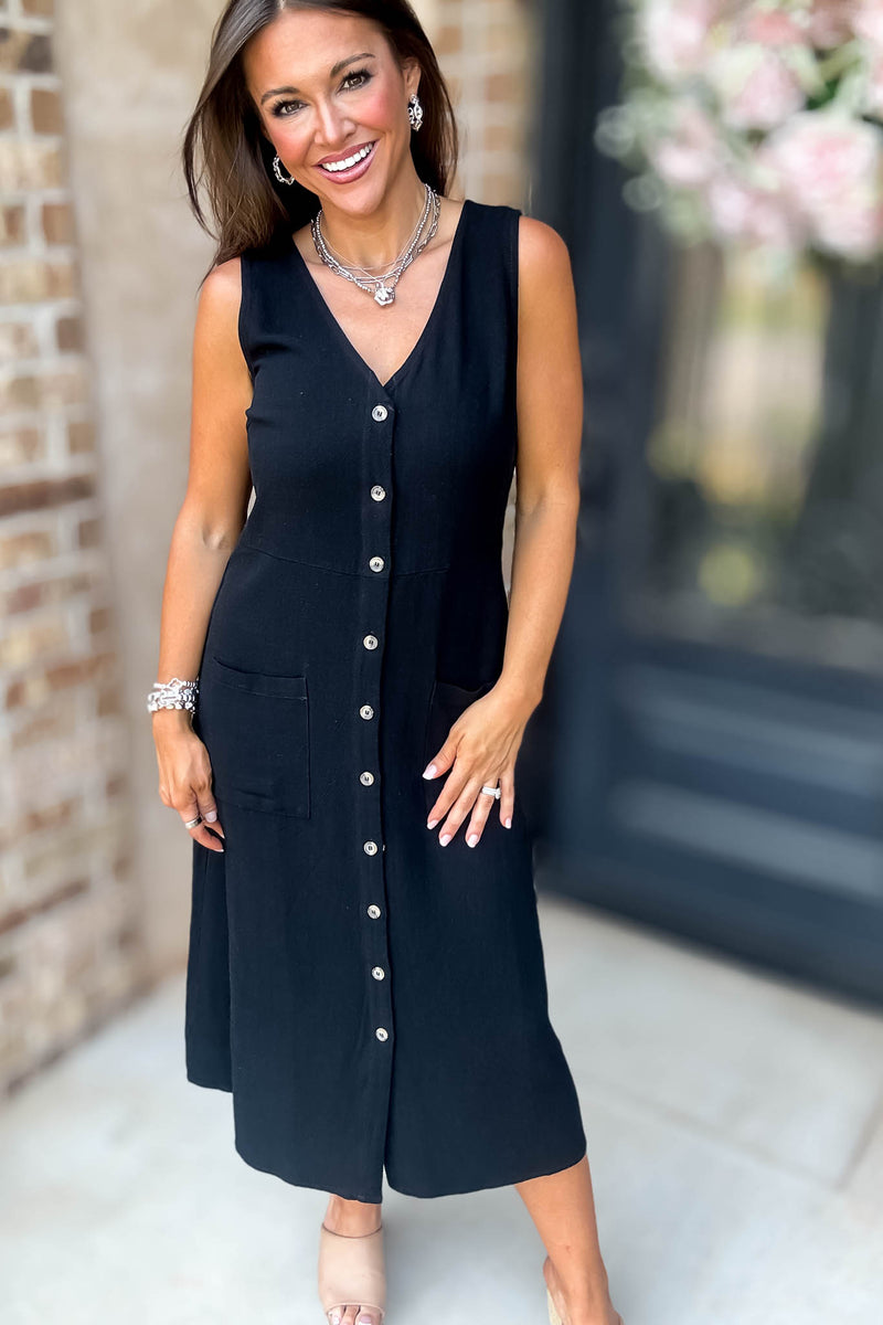 Black Linen Button Down Midi Dress