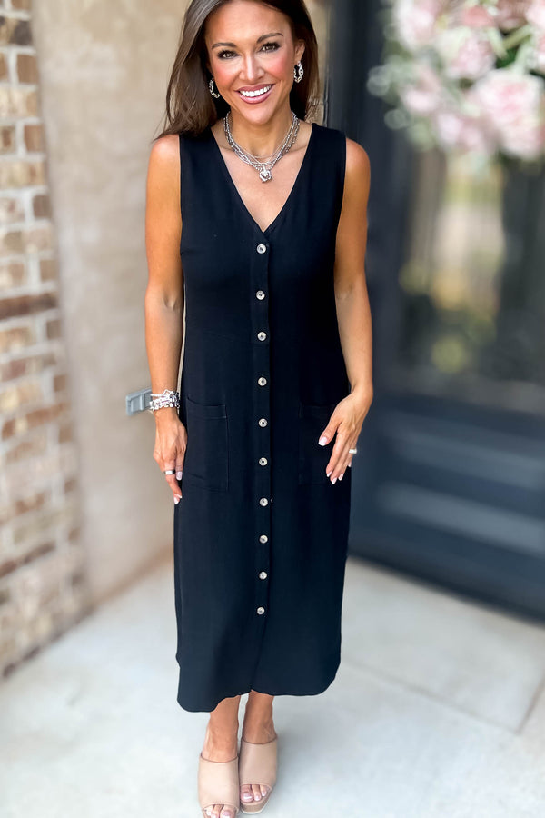 Black Linen Button Down Midi Dress