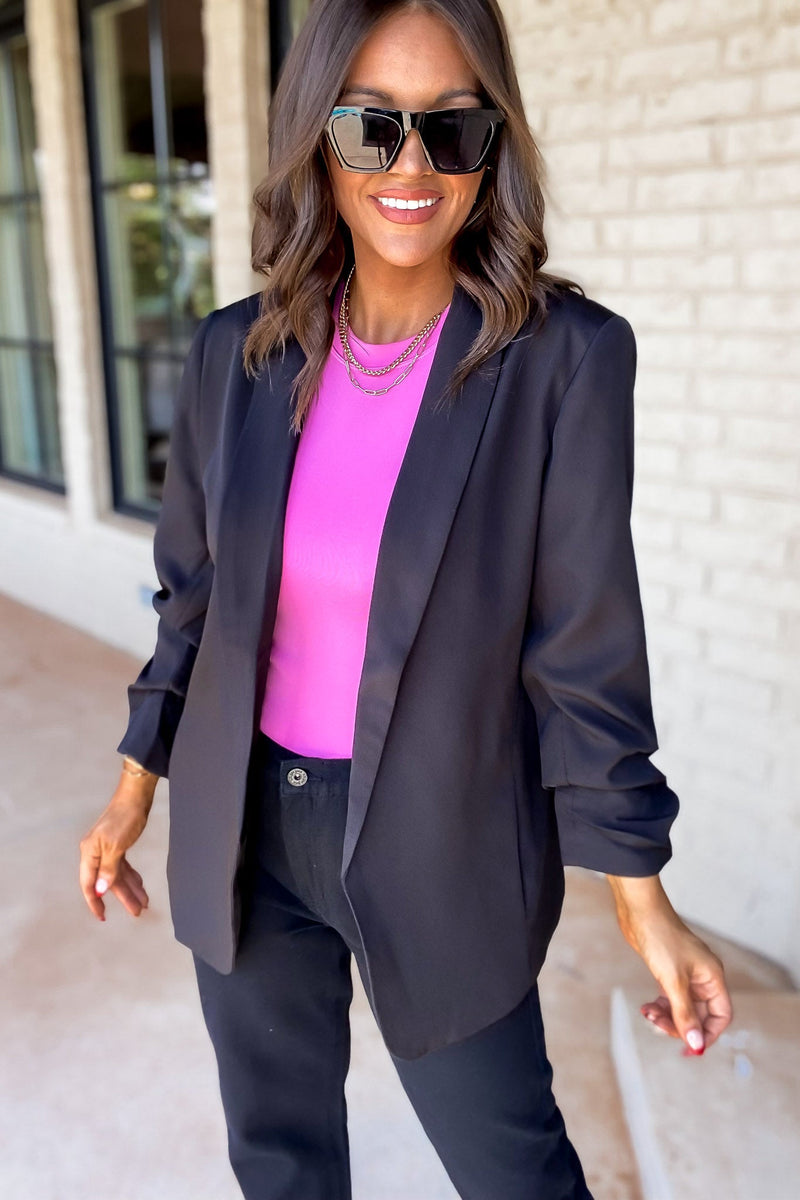 WOVEN 3/4 RUCHED SLEEVE OPEN FRONT CLASSIC BLAZER