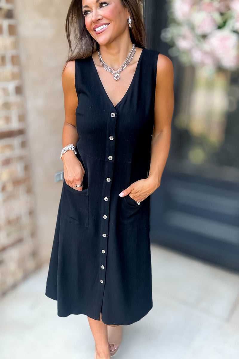 Black Linen Button Down Midi Dress
