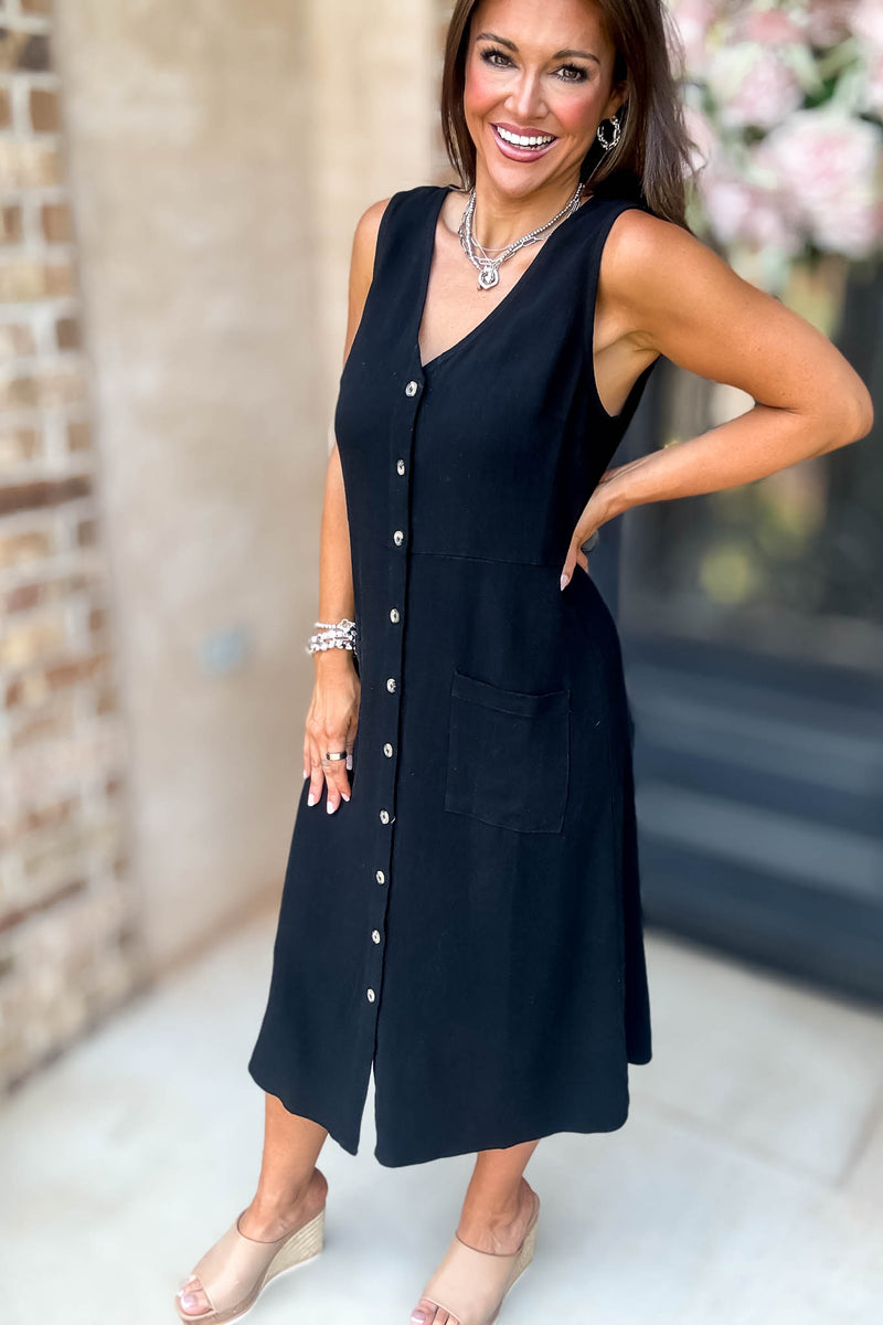 Black Linen Button Down Midi Dress