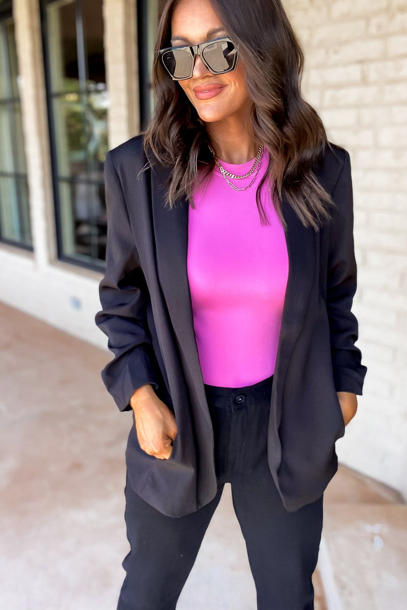 WOVEN 3/4 RUCHED SLEEVE OPEN FRONT CLASSIC BLAZER