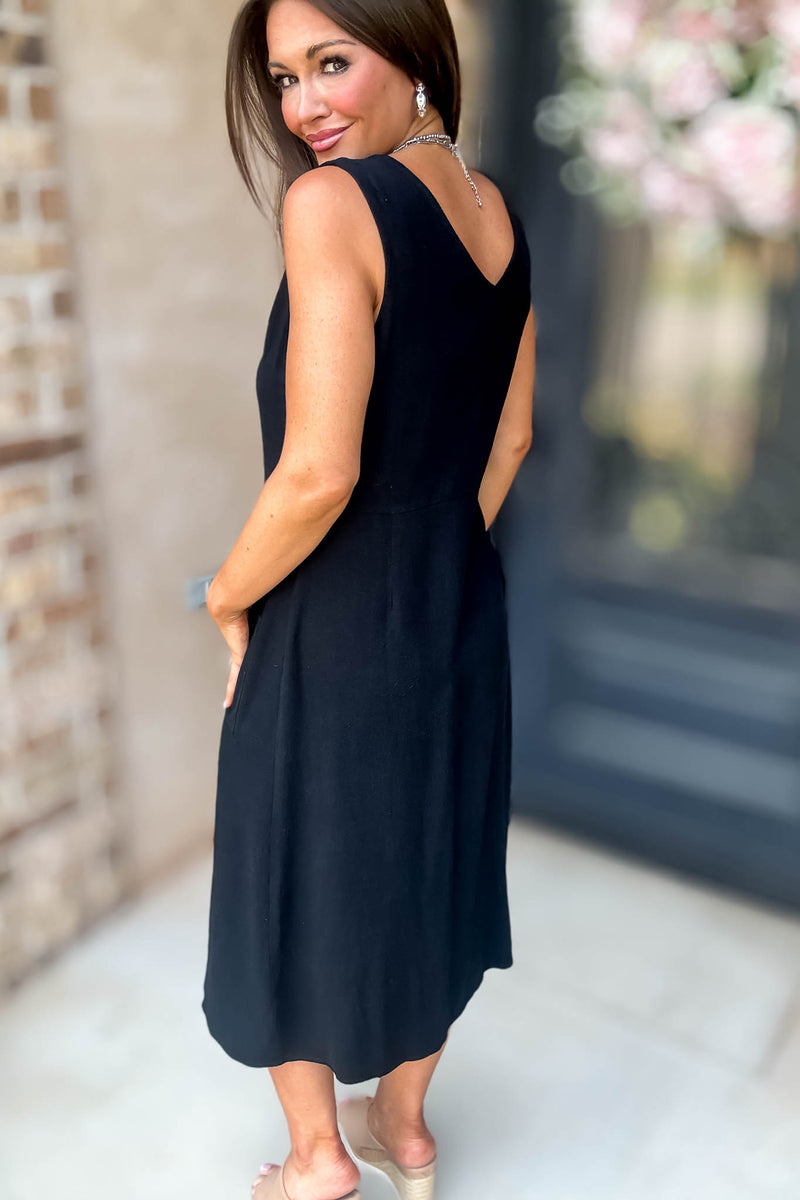 Black Linen Button Down Midi Dress