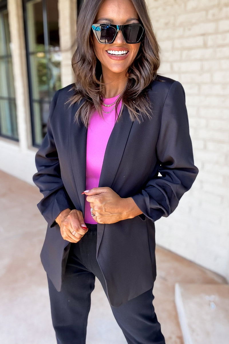 WOVEN 3/4 RUCHED SLEEVE OPEN FRONT CLASSIC BLAZER