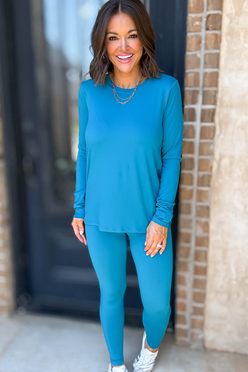 Microfiber Ocean Teal Round Neck Top & Leggings Set