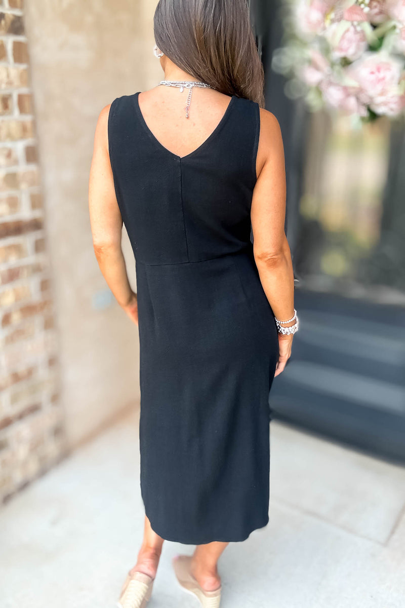 Black Linen Button Down Midi Dress