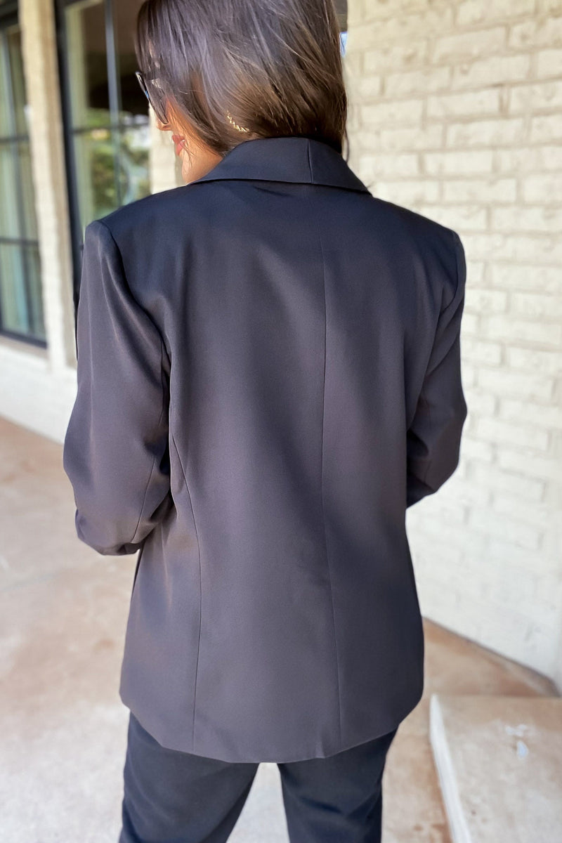 WOVEN 3/4 RUCHED SLEEVE OPEN FRONT CLASSIC BLAZER