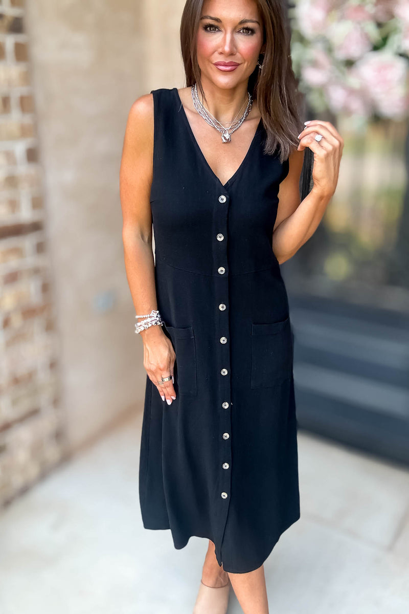Black Linen Button Down Midi Dress
