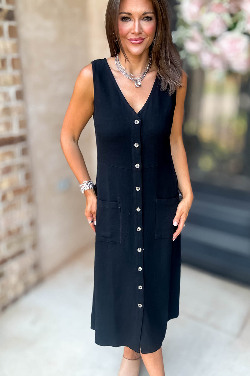 Black Linen Button Down Midi Dress