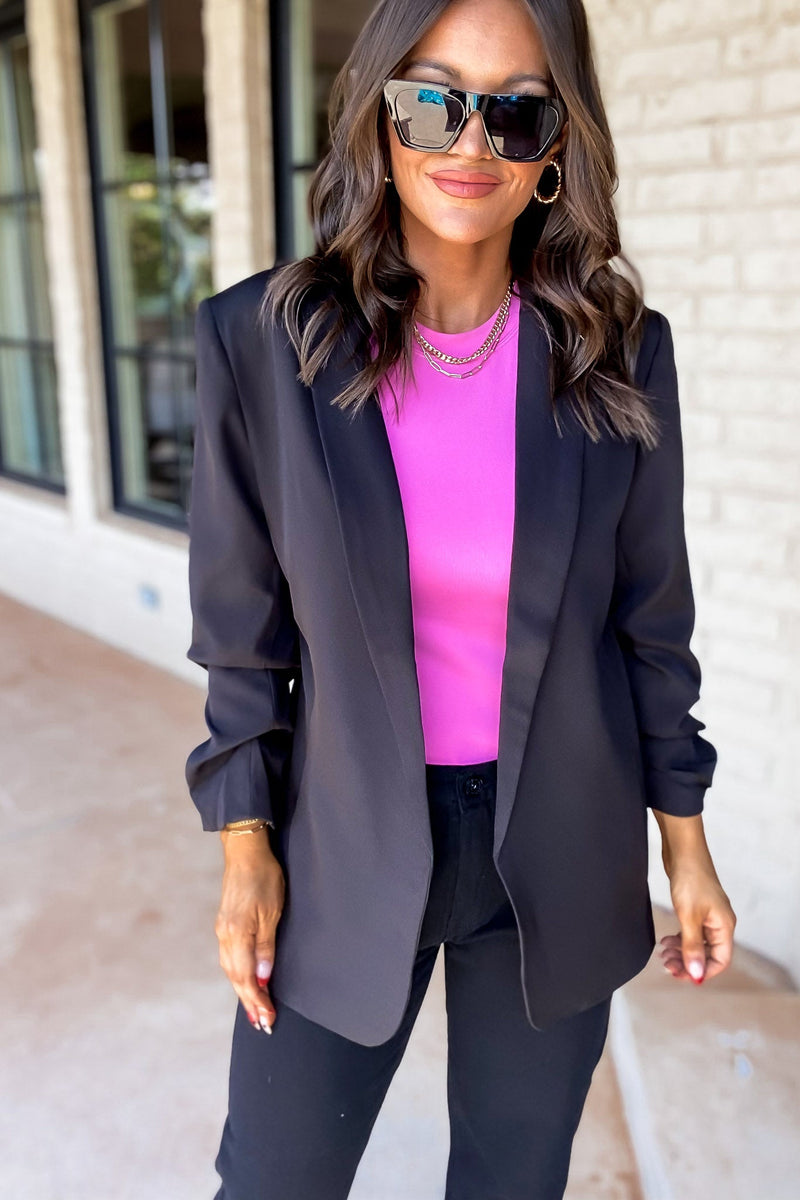 WOVEN 3/4 RUCHED SLEEVE OPEN FRONT CLASSIC BLAZER