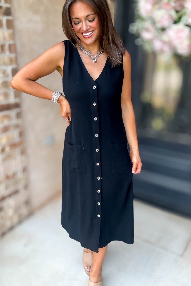 Black Linen Button Down Midi Dress