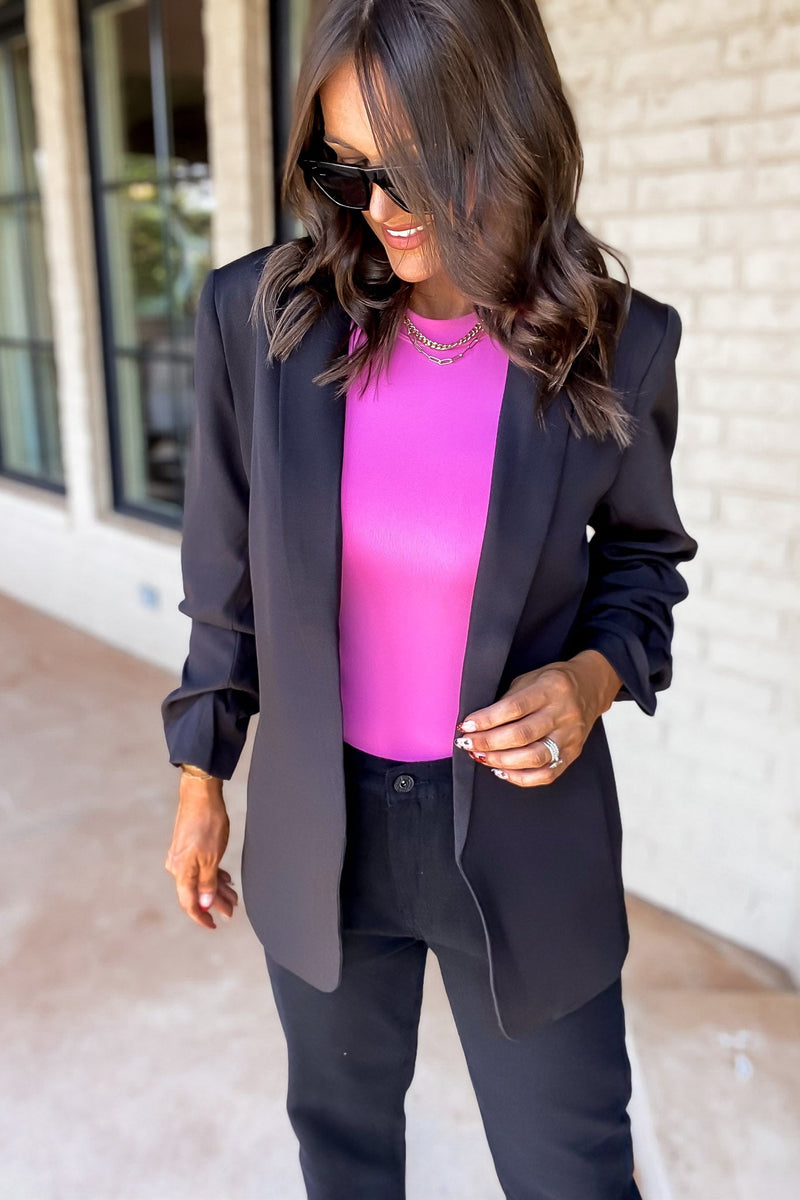 WOVEN 3/4 RUCHED SLEEVE OPEN FRONT CLASSIC BLAZER