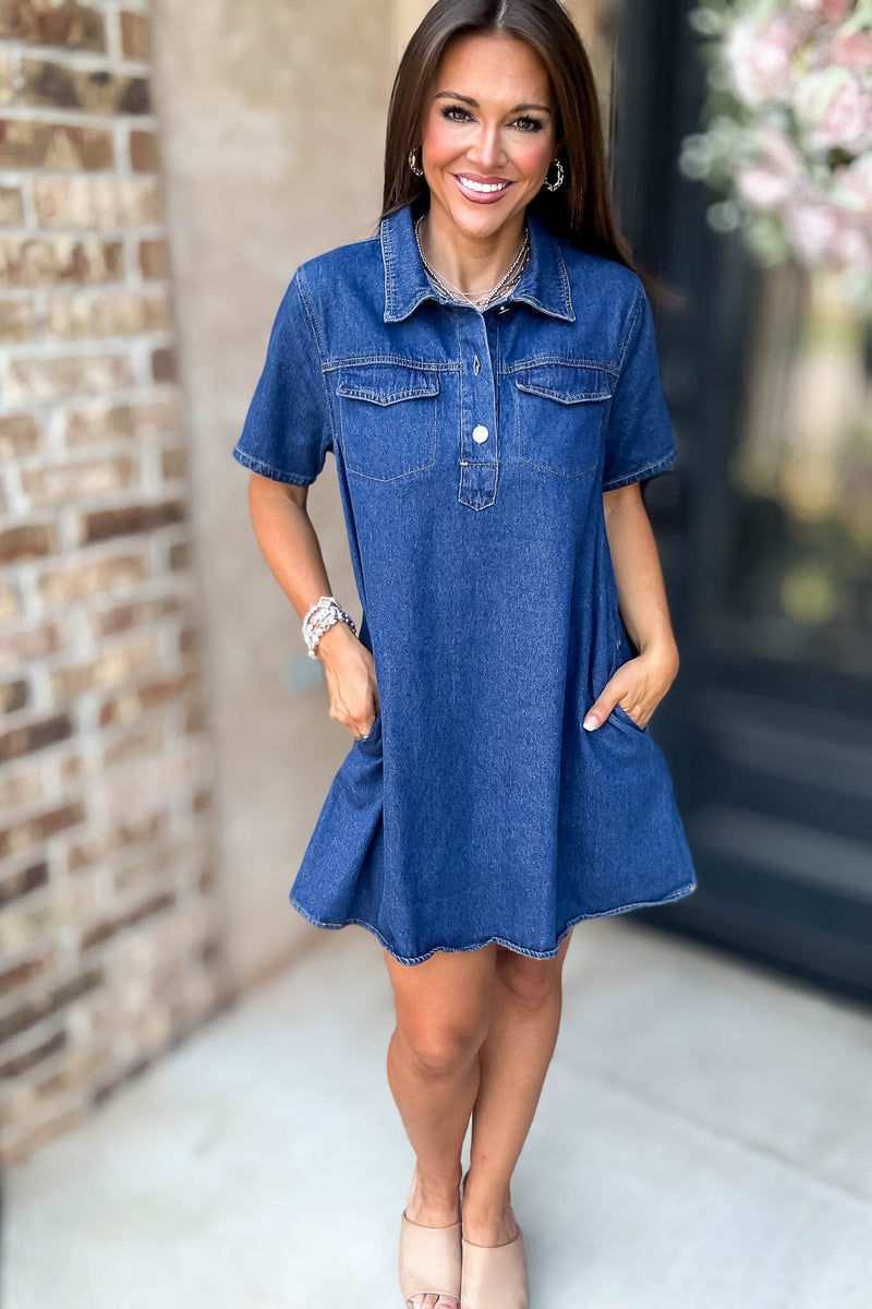 Button Neck Collared Pocket Detail Denim Dress