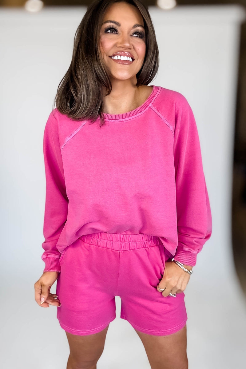 French Terry Hot Pink Pigment Dye And Enzyme Wash Shorts