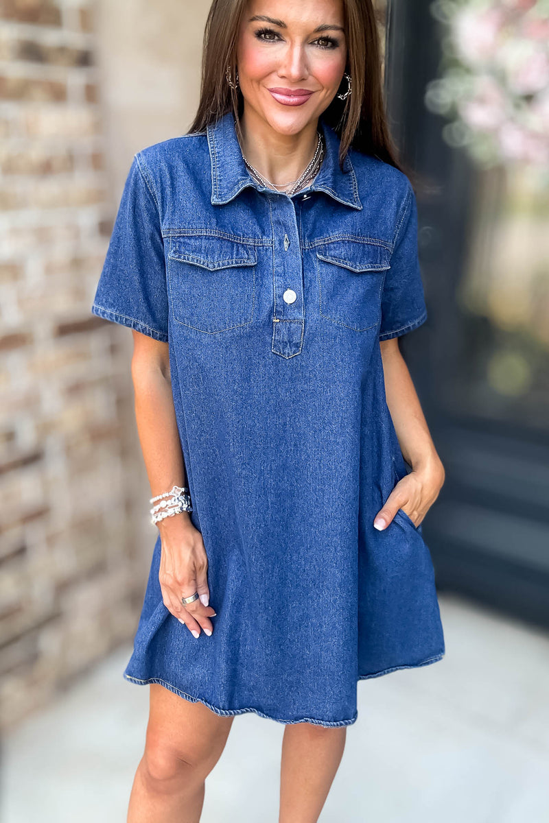 Button Neck Collared Pocket Detail Denim Dress