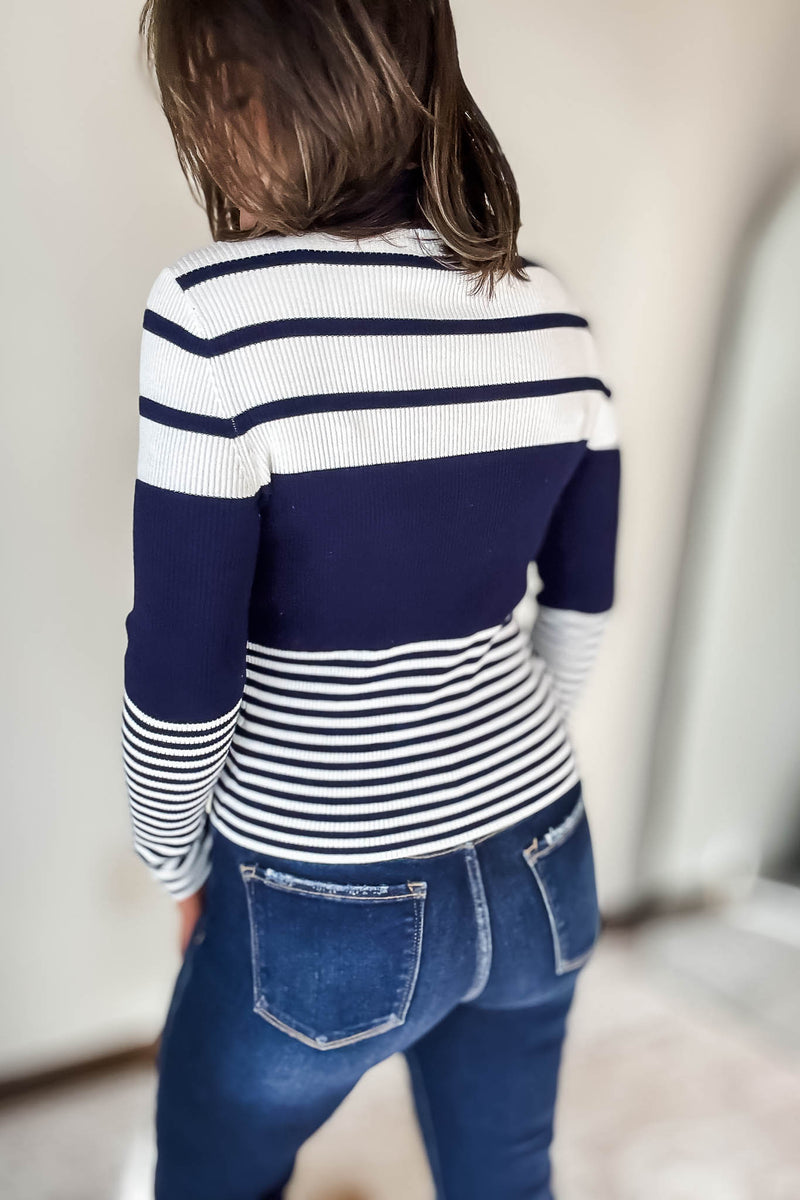 Navy And Ivory Stripe Collar Long Sleeve Sweater Cardigan
