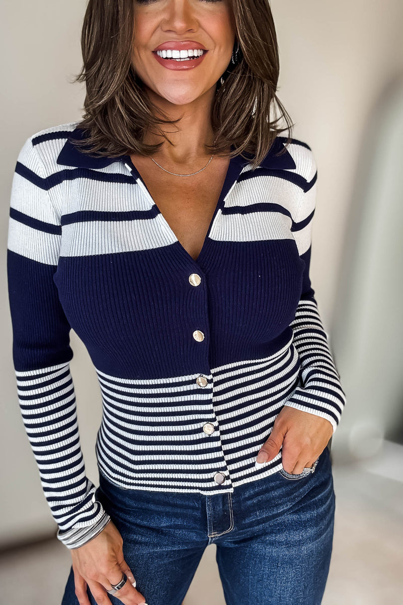Navy And Ivory Stripe Collar Long Sleeve Sweater Cardigan