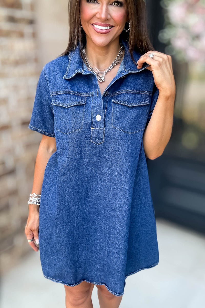 Button Neck Collared Pocket Detail Denim Dress