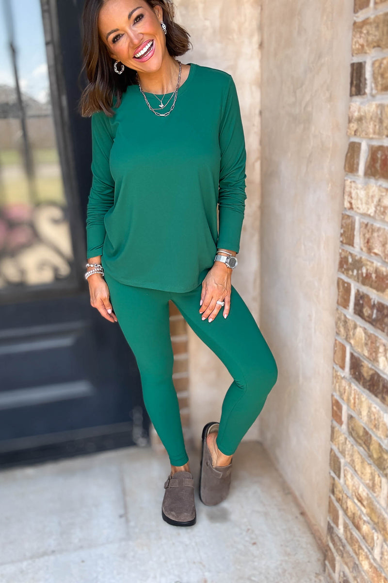 Microfiber Hunter Green Round Neck Top & Leggings Set