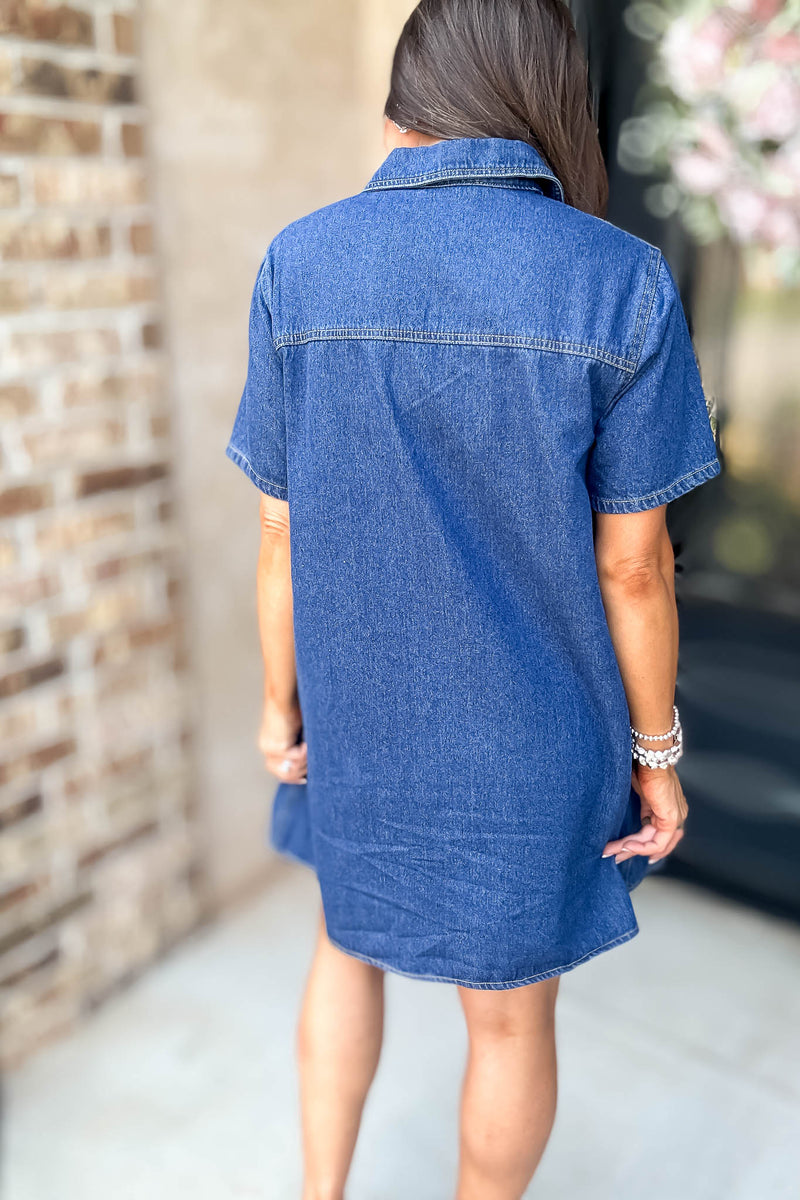 Button Neck Collared Pocket Detail Denim Dress