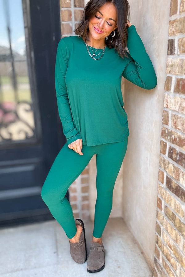 Microfiber Hunter Green Round Neck Top & Leggings Set