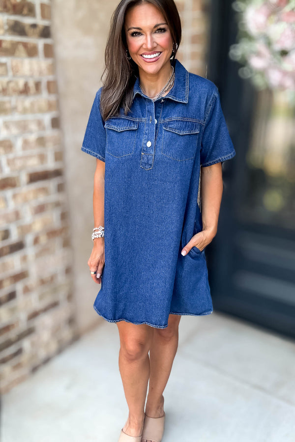 Button Neck Collared Pocket Detail Denim Dress