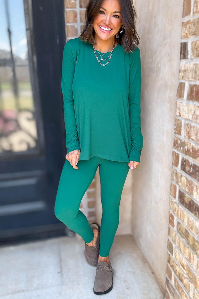 Microfiber Hunter Green Round Neck Top & Leggings Set