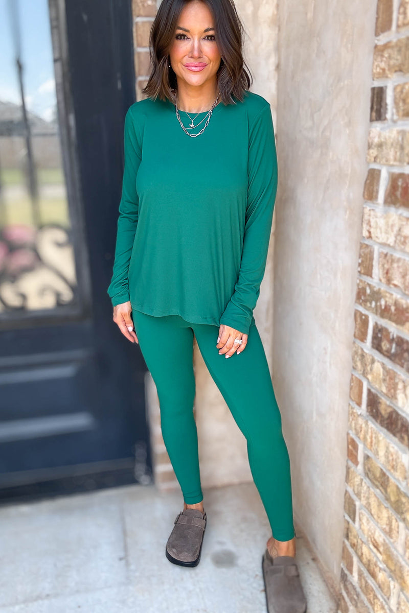 Microfiber Hunter Green Round Neck Top & Leggings Set