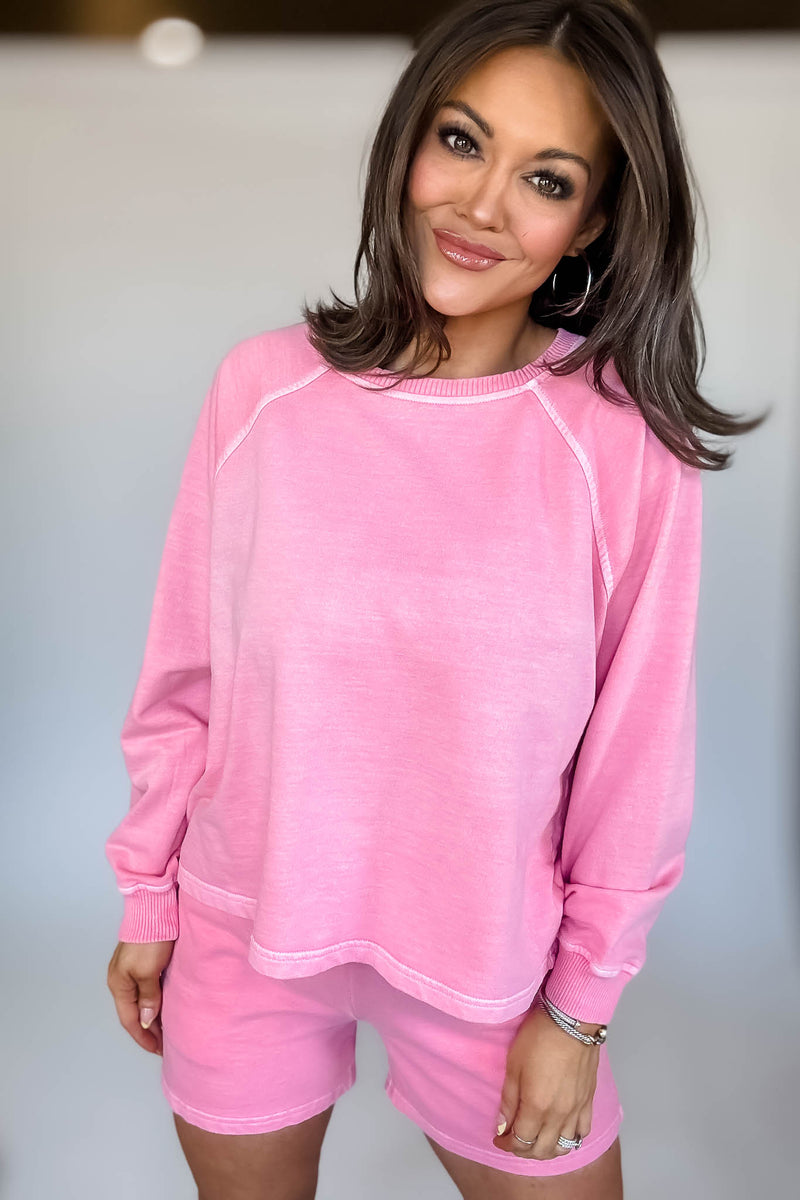French Terry Candy Pink Pigment Dye And Enzyme Wash Top