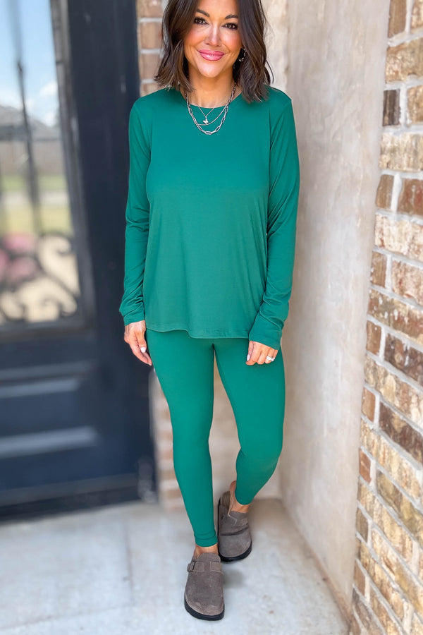 Microfiber Hunter Green Round Neck Top & Leggings Set