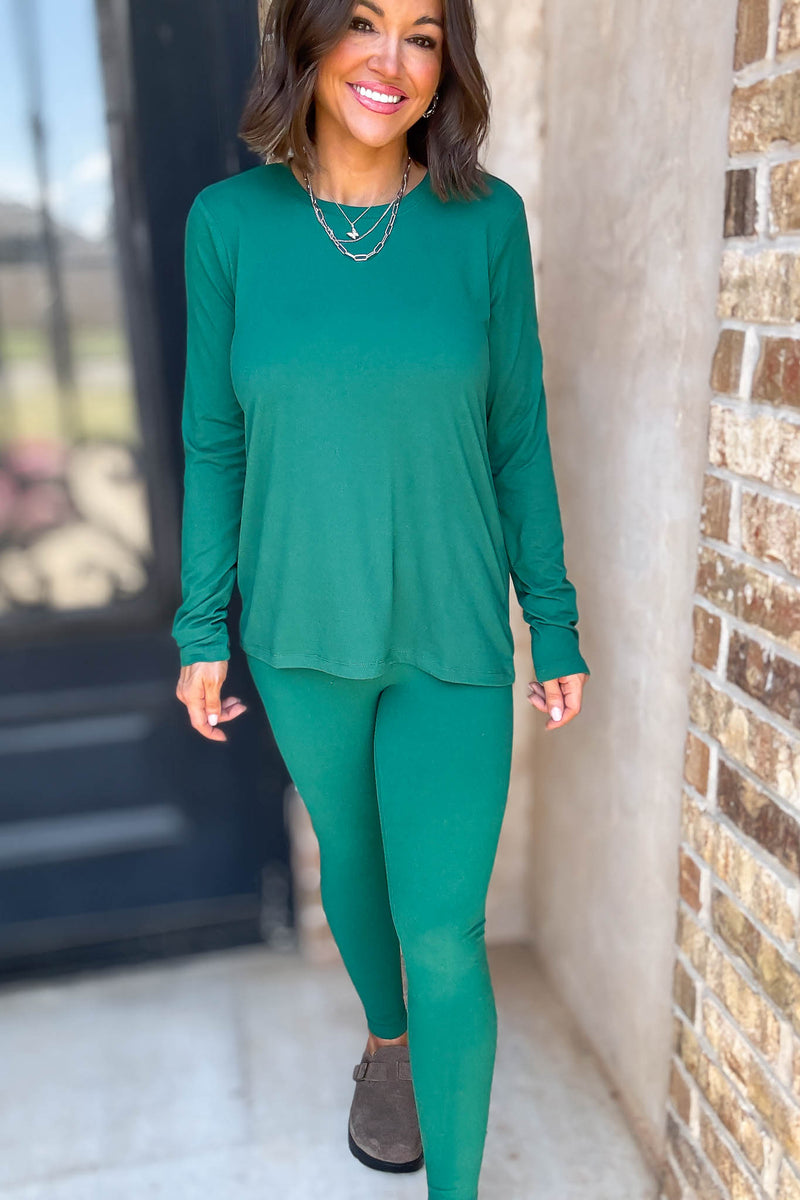 Microfiber Hunter Green Round Neck Top & Leggings Set