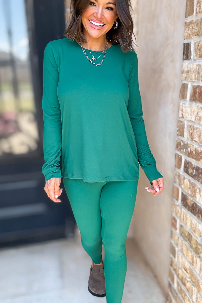 Microfiber Hunter Green Round Neck Top & Leggings Set