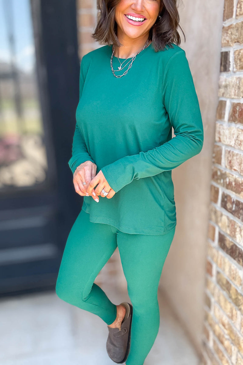 Microfiber Hunter Green Round Neck Top & Leggings Set