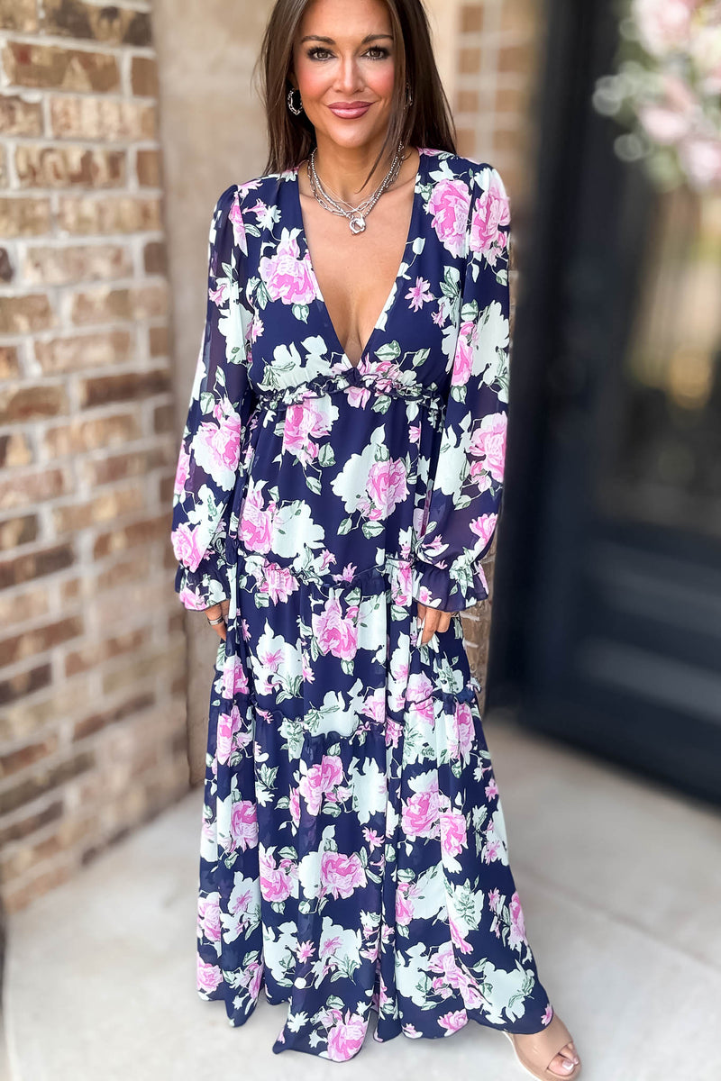 Navy Floral Print Maxi Dress