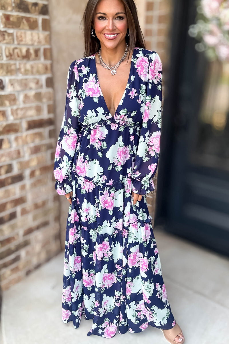 Navy Floral Print Maxi Dress