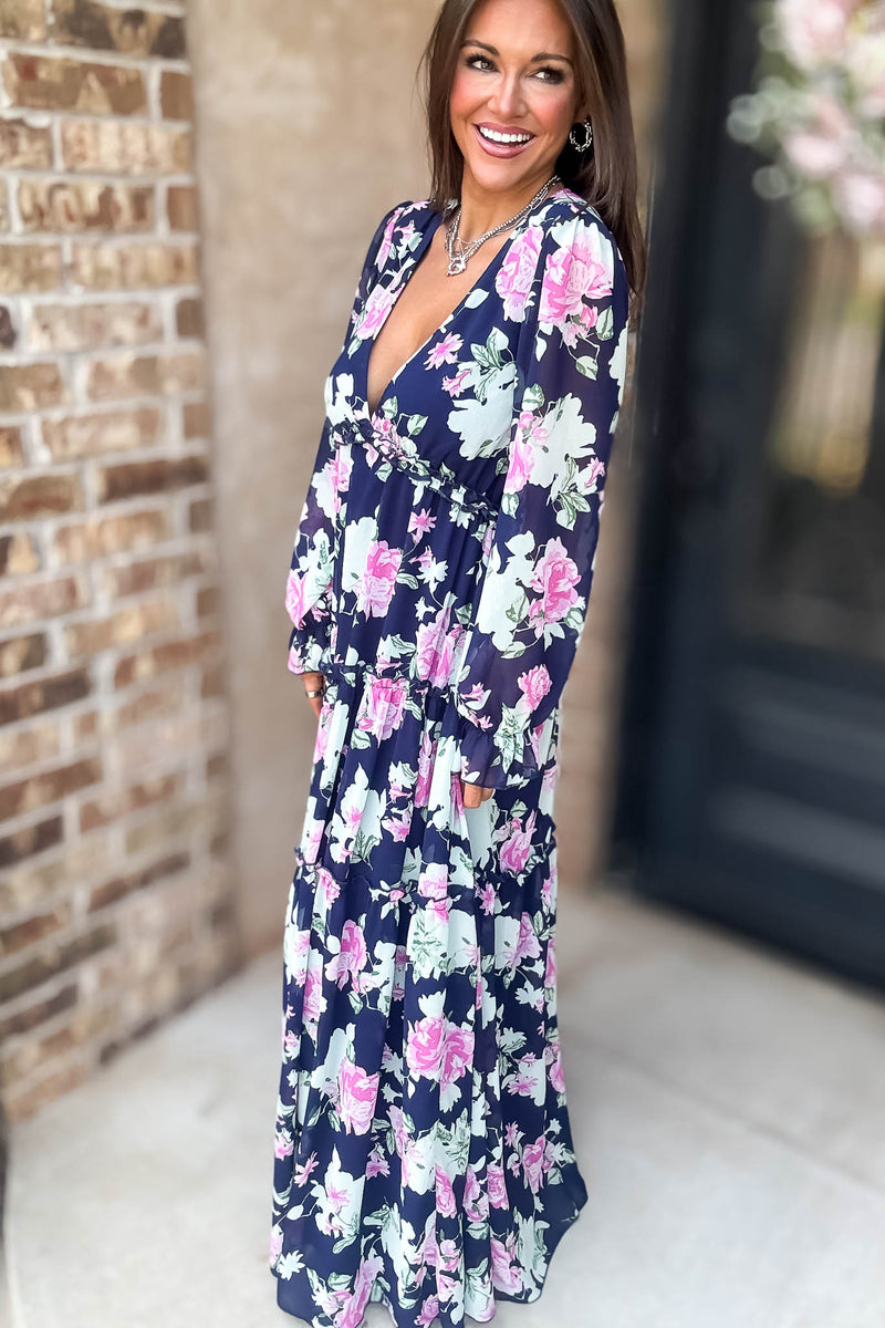Navy Floral Print Maxi Dress